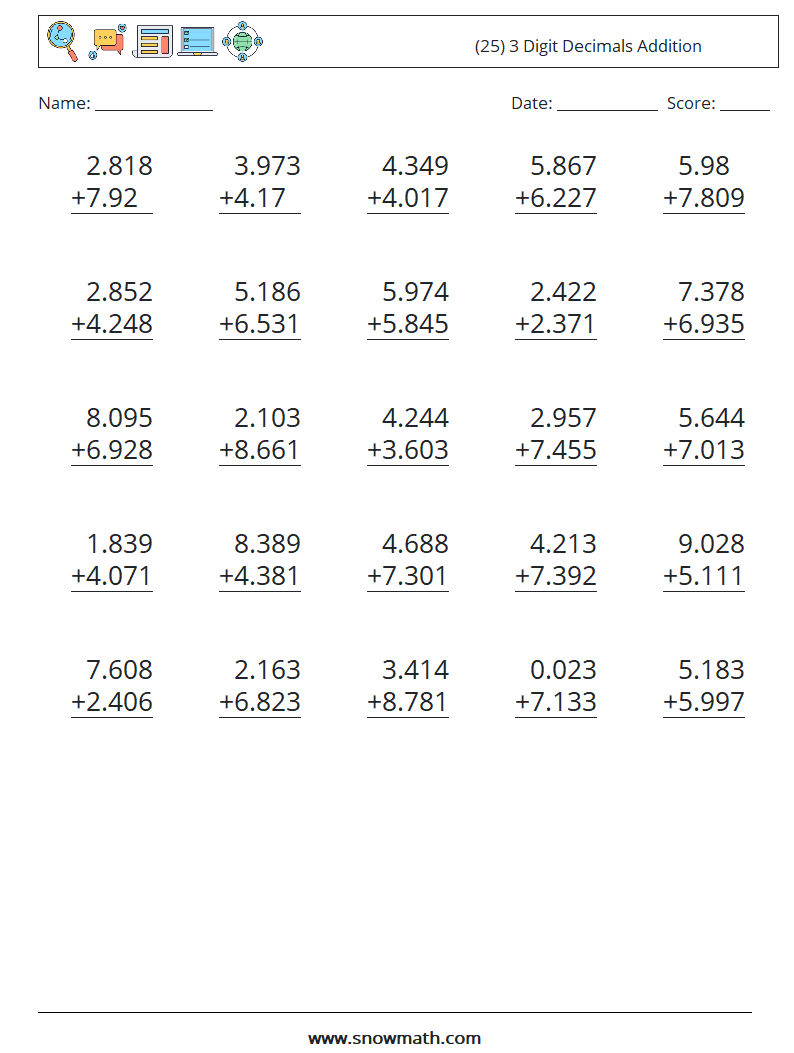 (25) 3 Digit Decimals Addition Maths Worksheets 13