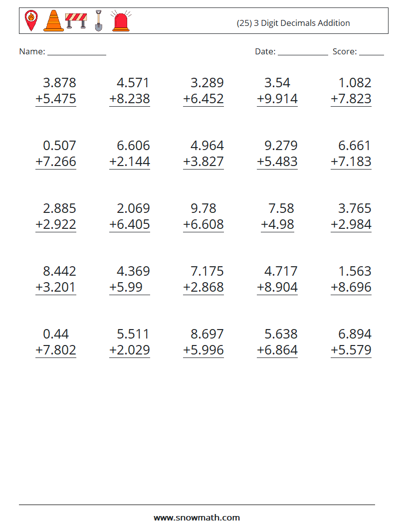 (25) 3 Digit Decimals Addition Maths Worksheets 14