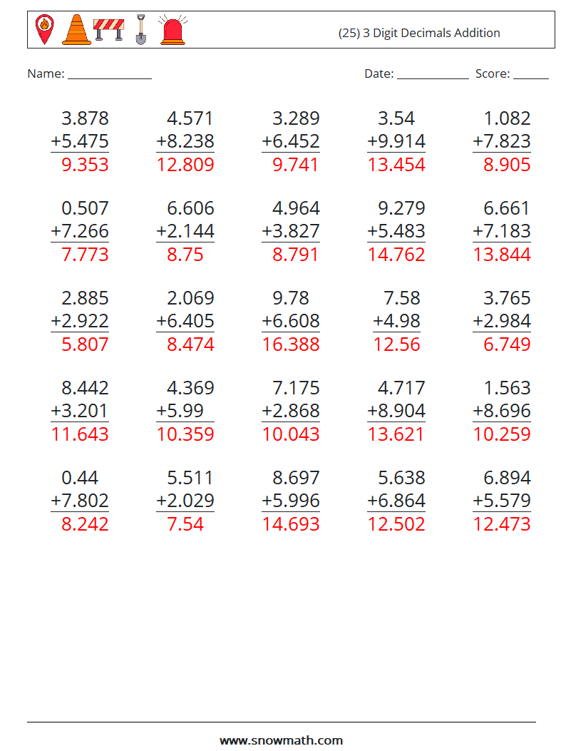 (25) 3 Digit Decimals Addition Maths Worksheets 14 Question, Answer