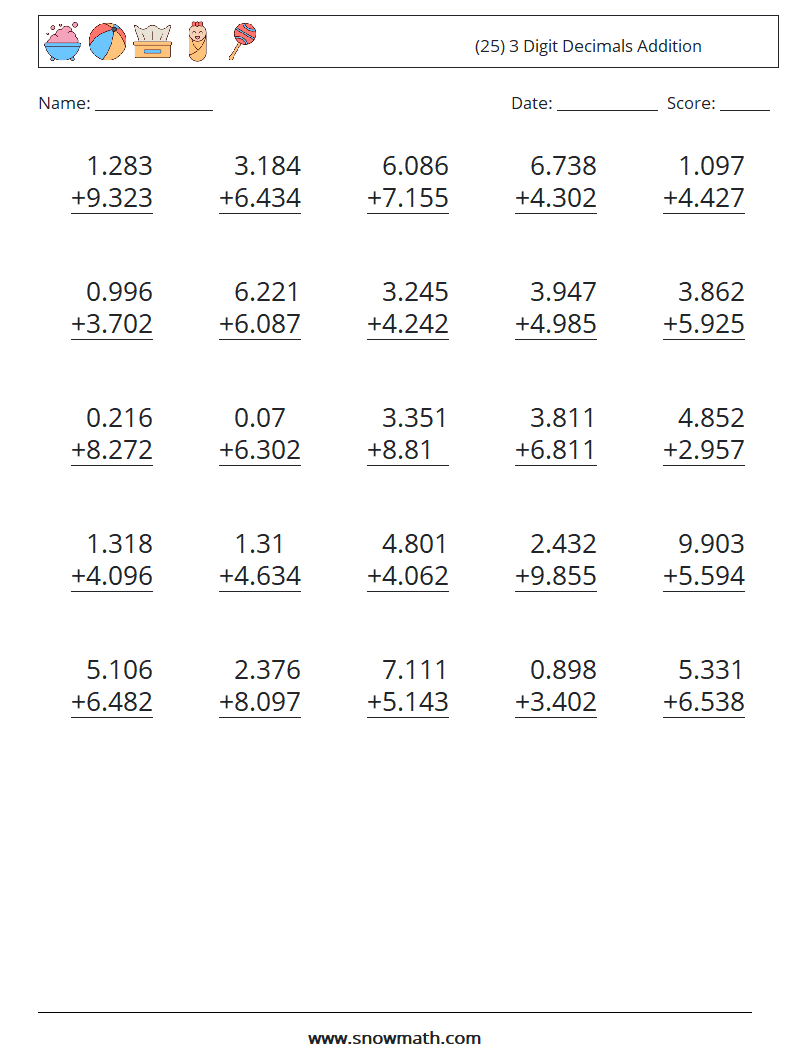 (25) 3 Digit Decimals Addition Maths Worksheets 15