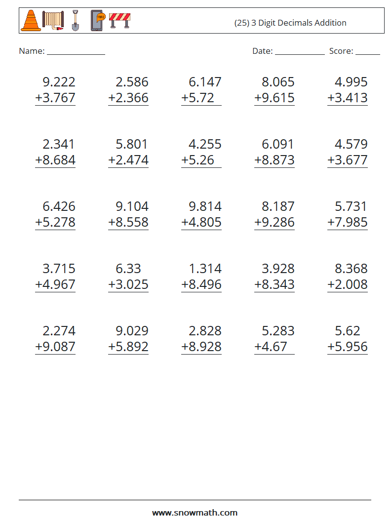 (25) 3 Digit Decimals Addition Maths Worksheets 16