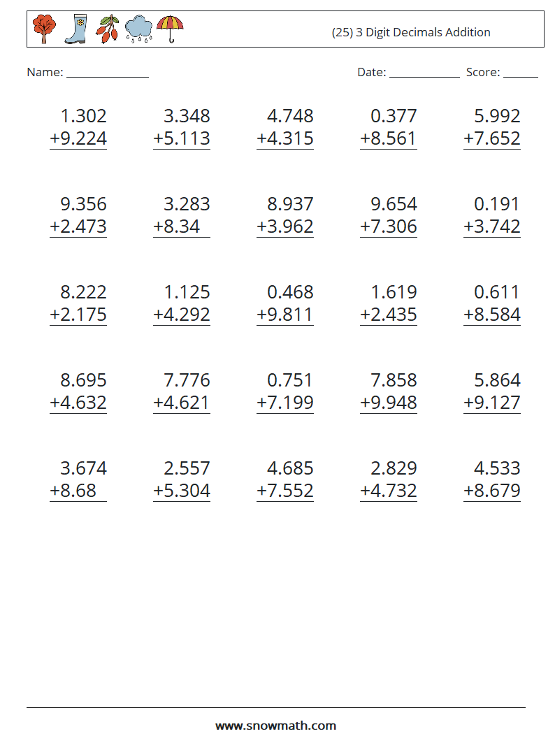 (25) 3 Digit Decimals Addition Maths Worksheets 17