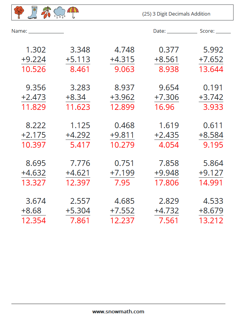 (25) 3 Digit Decimals Addition Maths Worksheets 17 Question, Answer
