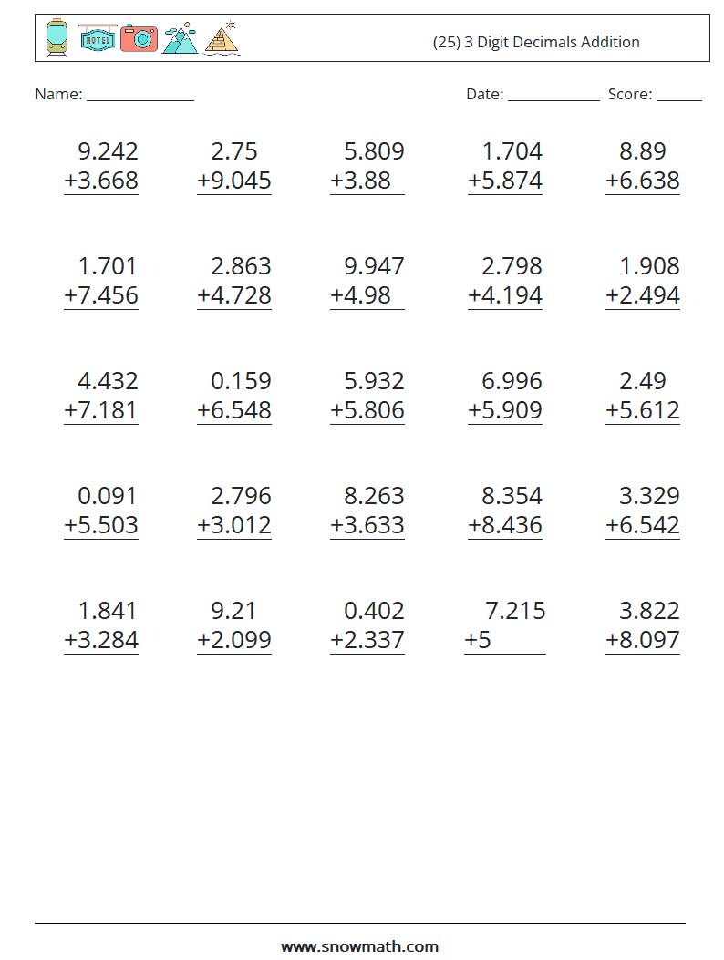 (25) 3 Digit Decimals Addition Maths Worksheets 18