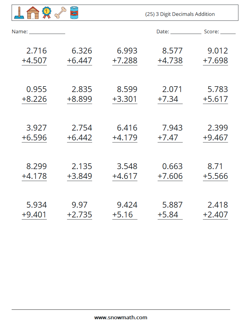 (25) 3 Digit Decimals Addition Maths Worksheets 5