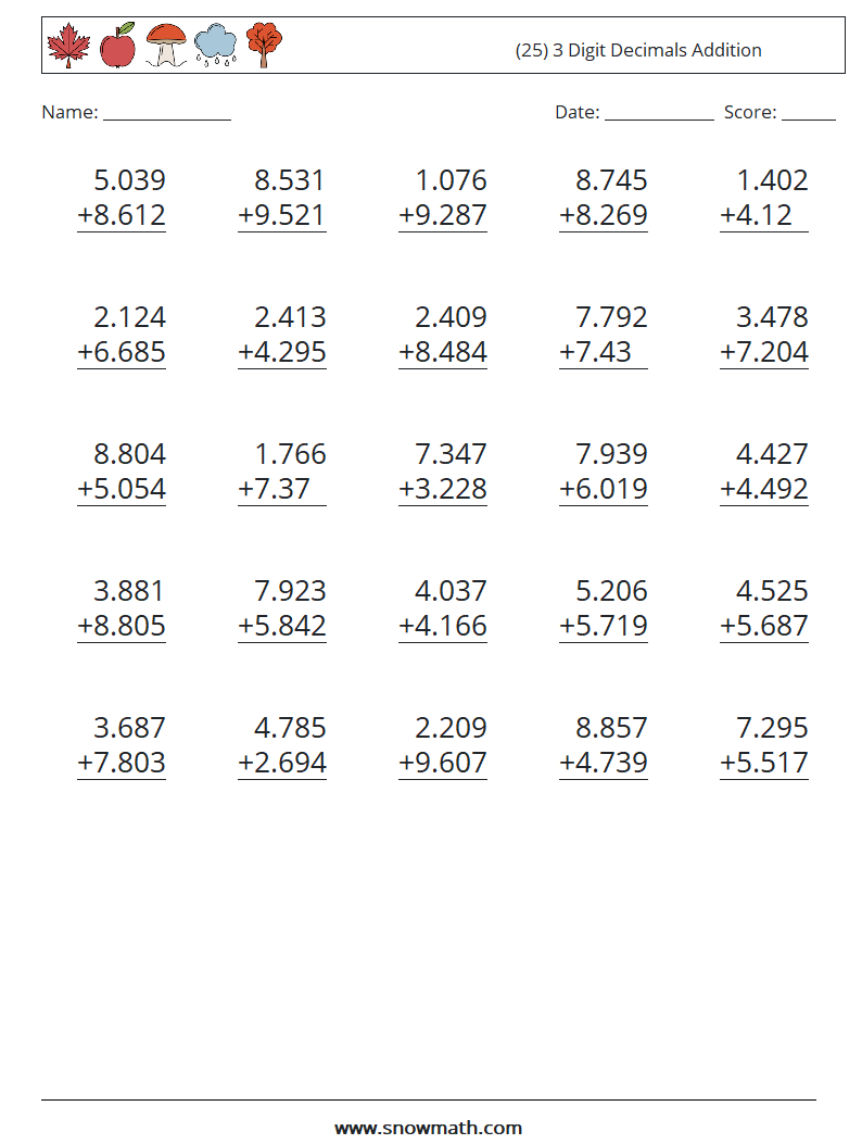 (25) 3 Digit Decimals Addition Maths Worksheets 9