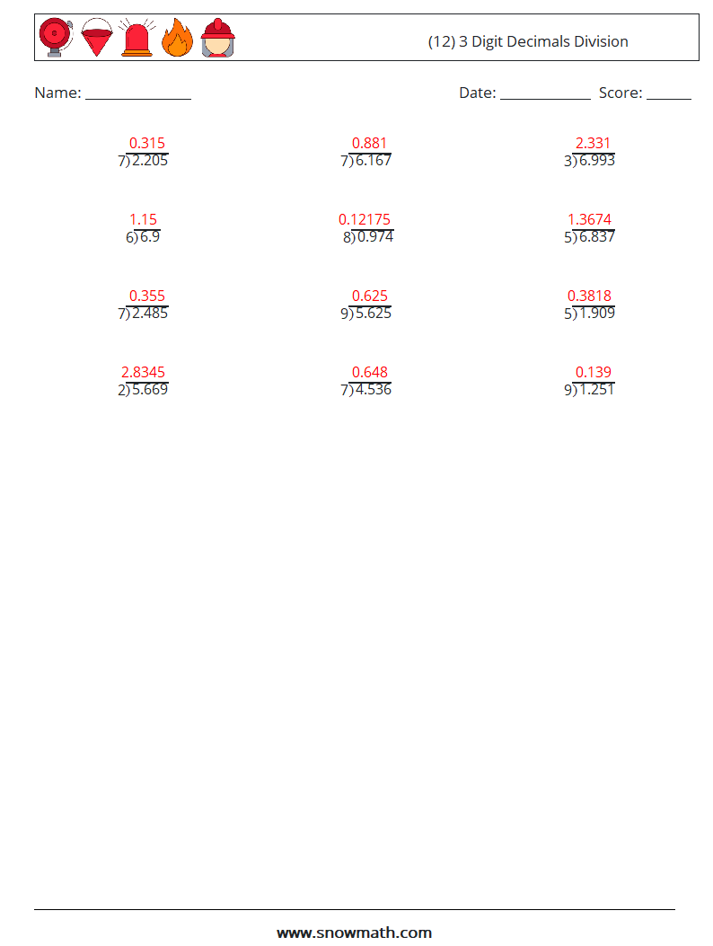 (12) 3 Digit Decimals Division Maths Worksheets 10 Question, Answer