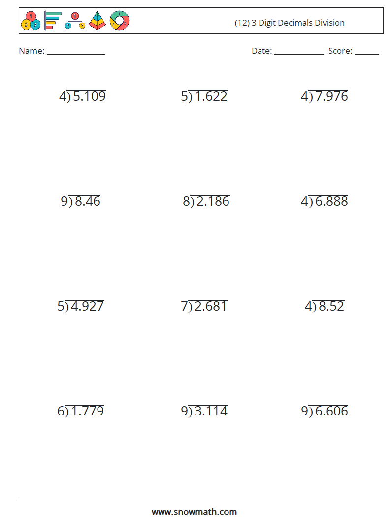 (12) 3 Digit Decimals Division Maths Worksheets 11