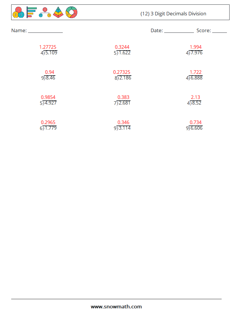 (12) 3 Digit Decimals Division Maths Worksheets 11 Question, Answer