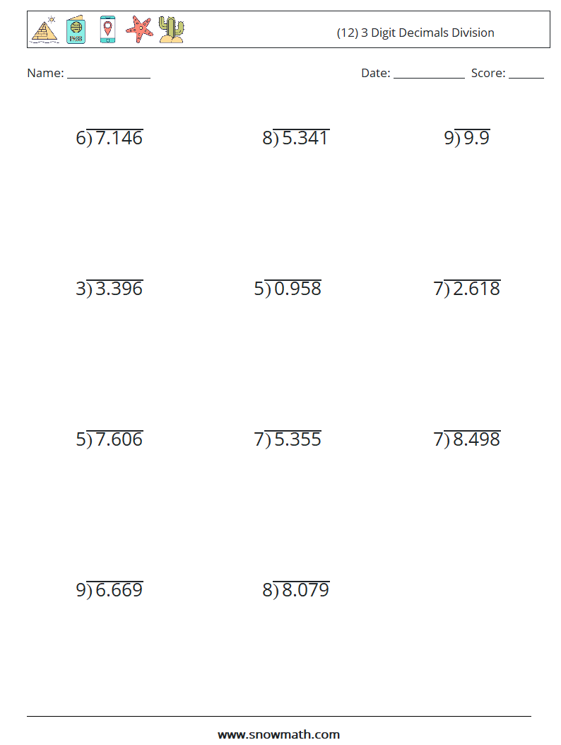 (12) 3 Digit Decimals Division Maths Worksheets 13