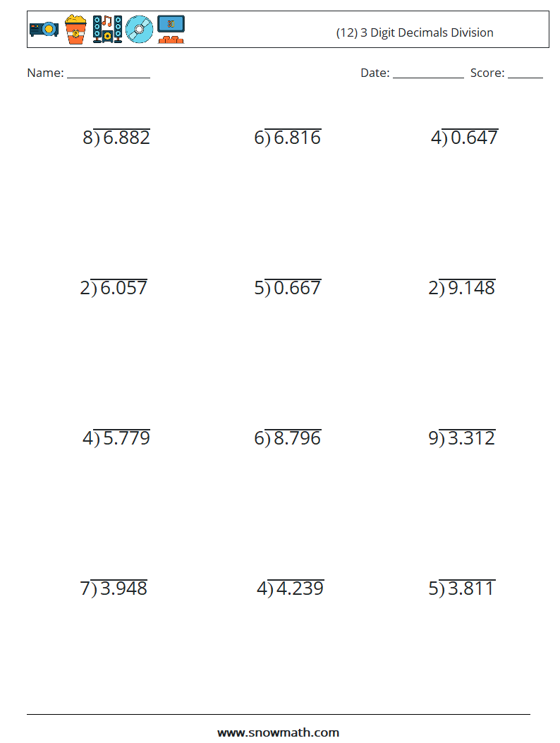 (12) 3 Digit Decimals Division Maths Worksheets 14