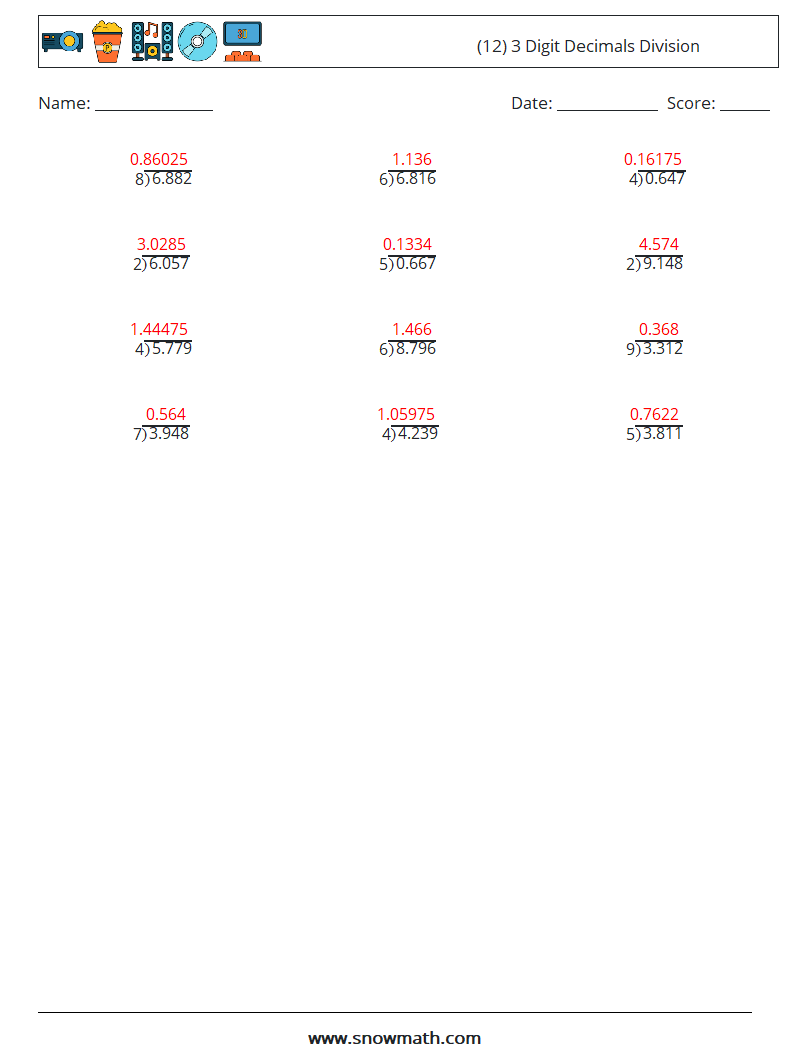 (12) 3 Digit Decimals Division Maths Worksheets 14 Question, Answer