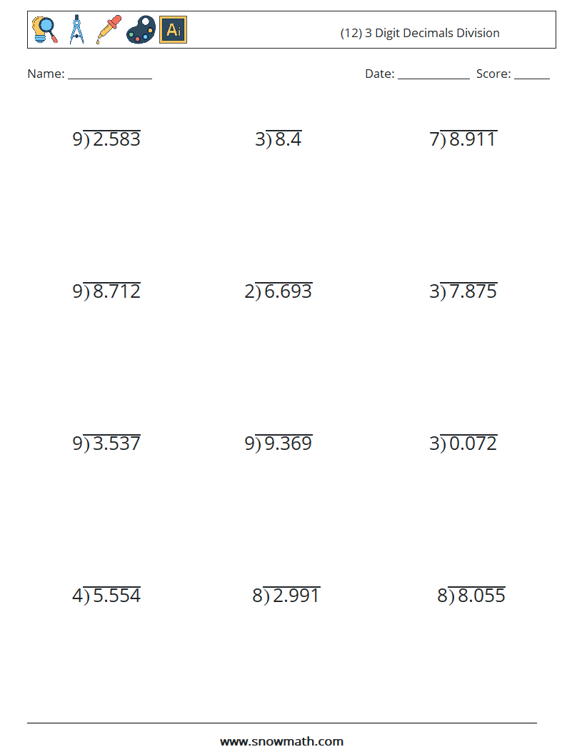 (12) 3 Digit Decimals Division Maths Worksheets 15