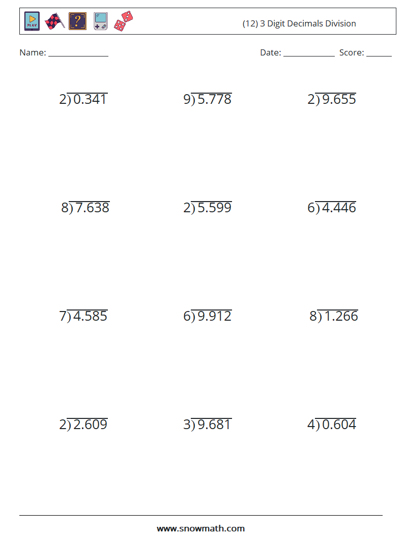 (12) 3 Digit Decimals Division Maths Worksheets 16