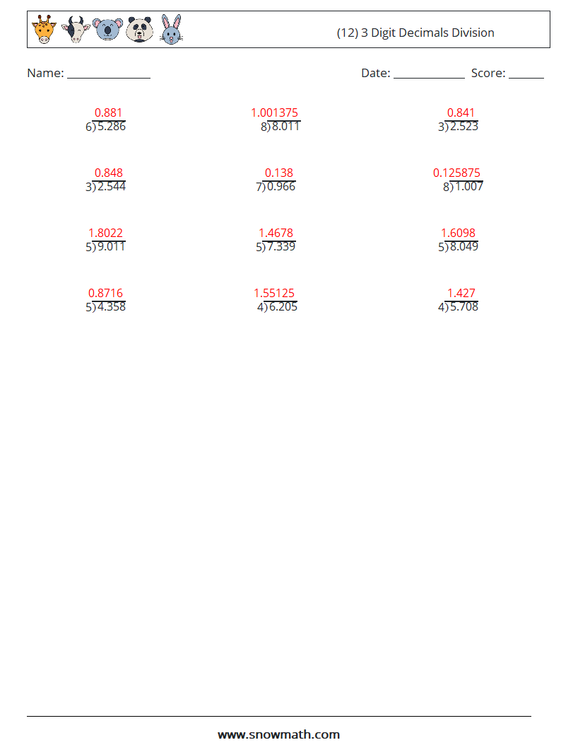 (12) 3 Digit Decimals Division Maths Worksheets 18 Question, Answer