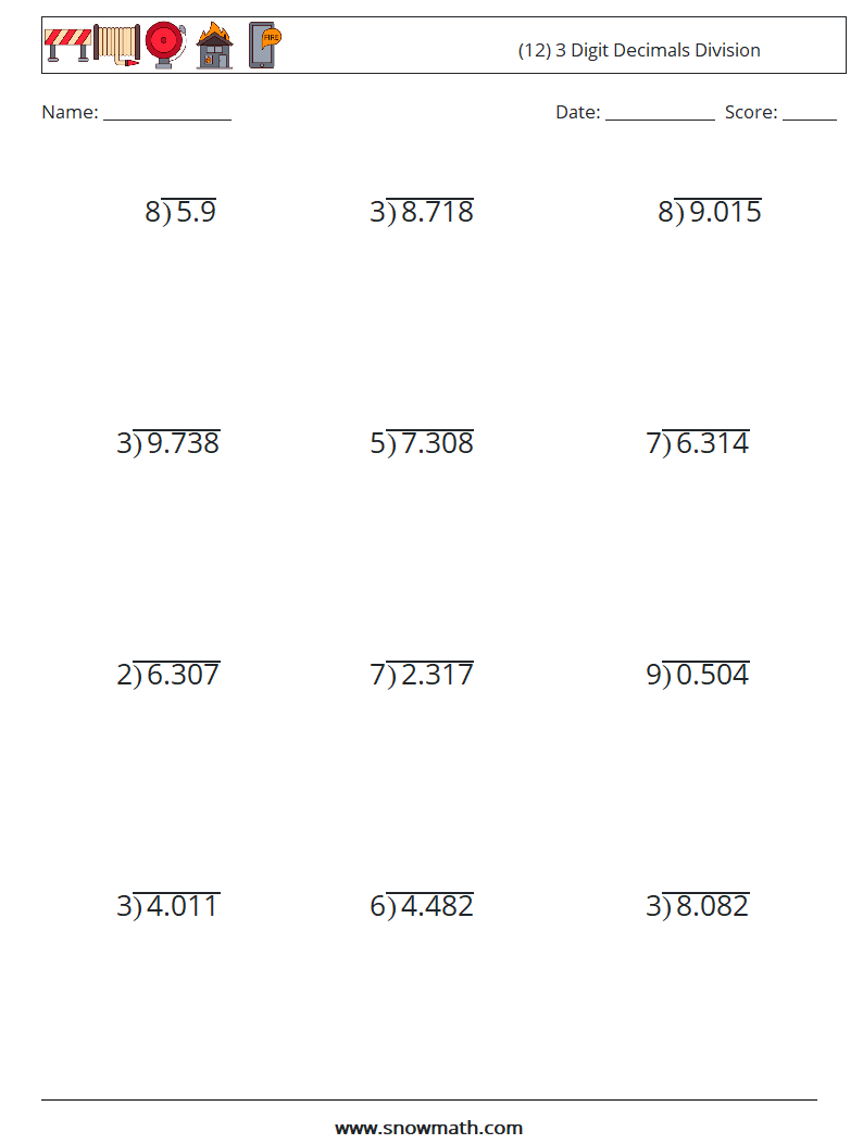 (12) 3 Digit Decimals Division Maths Worksheets 2