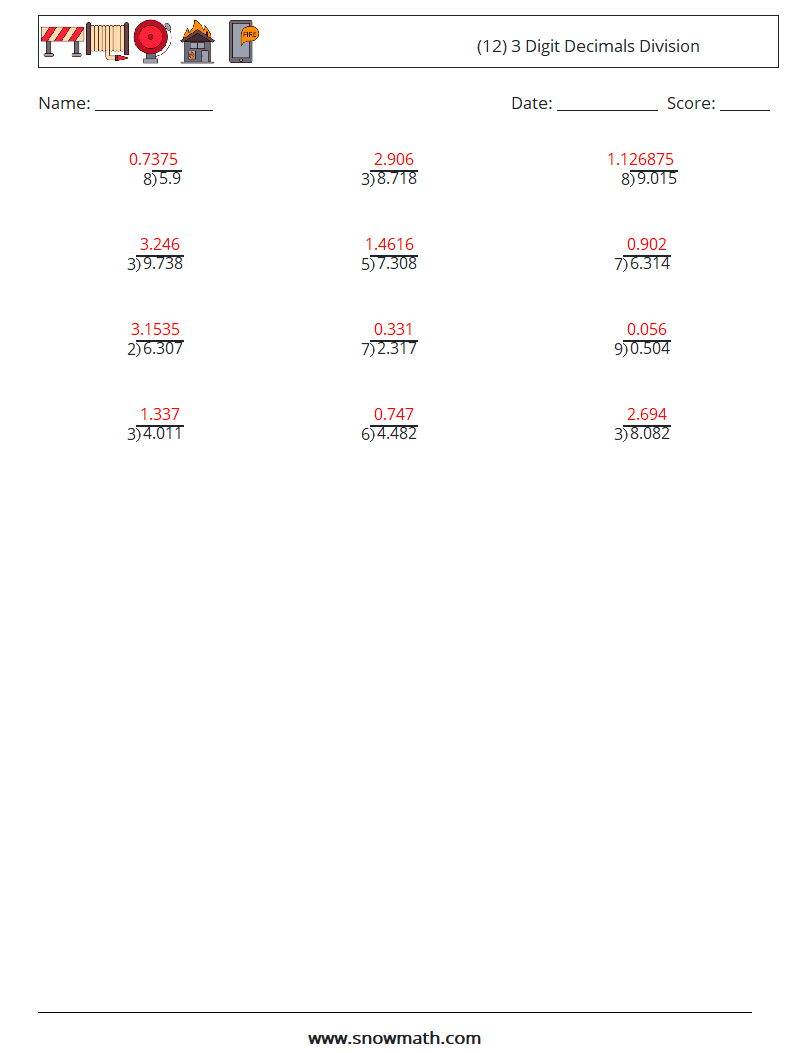 (12) 3 Digit Decimals Division Maths Worksheets 2 Question, Answer