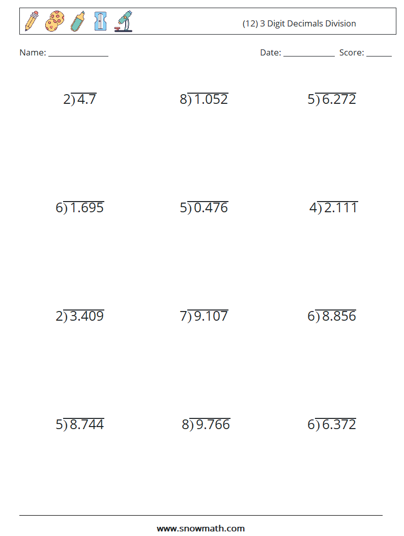 (12) 3 Digit Decimals Division Maths Worksheets 4