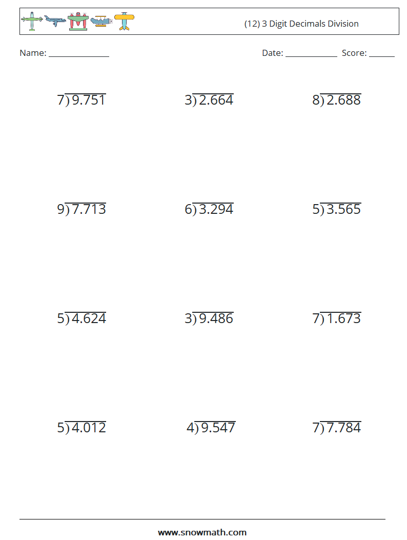 (12) 3 Digit Decimals Division Maths Worksheets 7