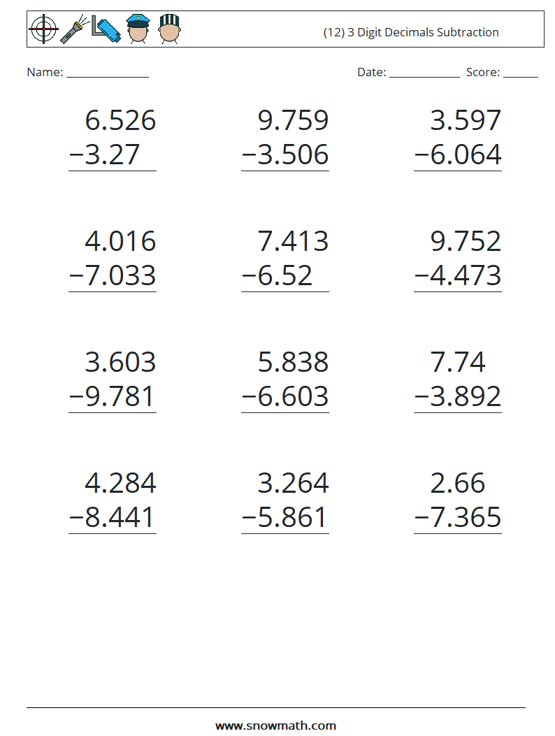 (12) 3 Digit Decimals Subtraction Maths Worksheets 10