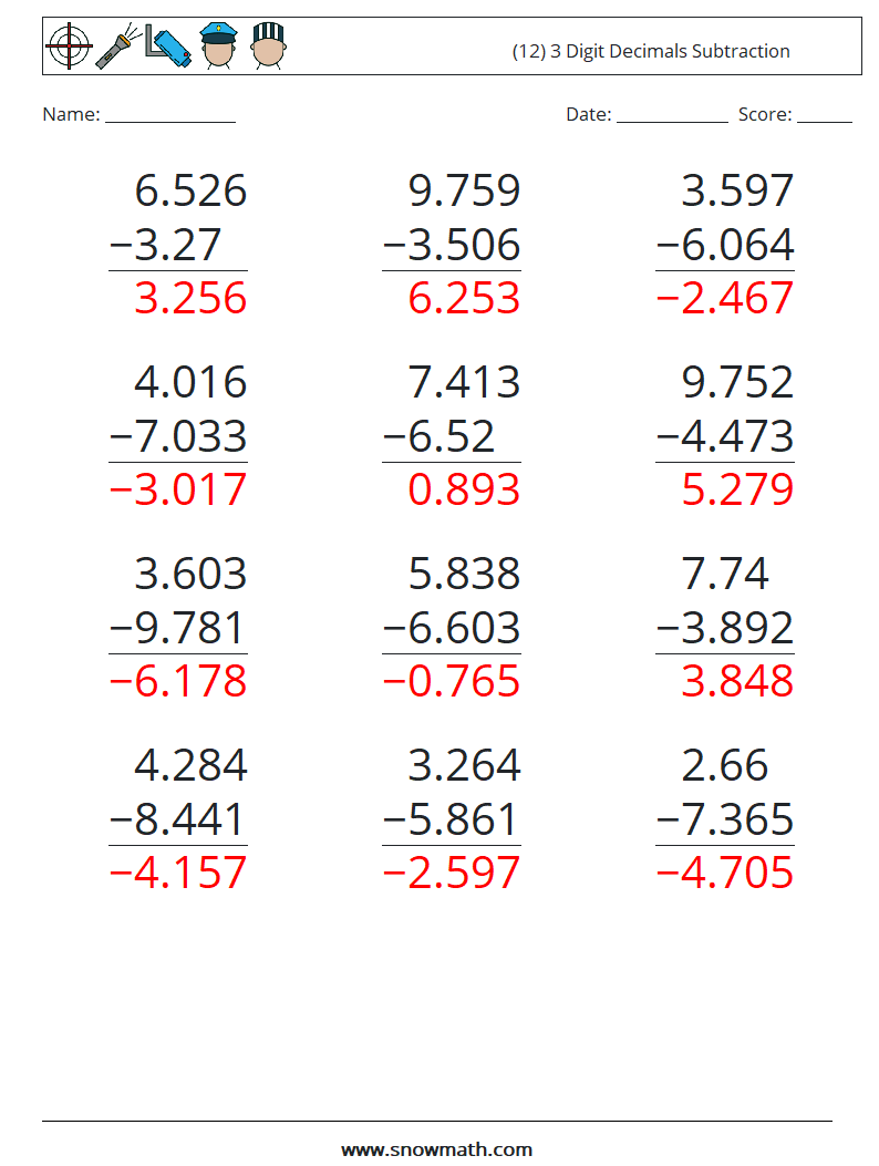 (12) 3 Digit Decimals Subtraction Maths Worksheets 10 Question, Answer