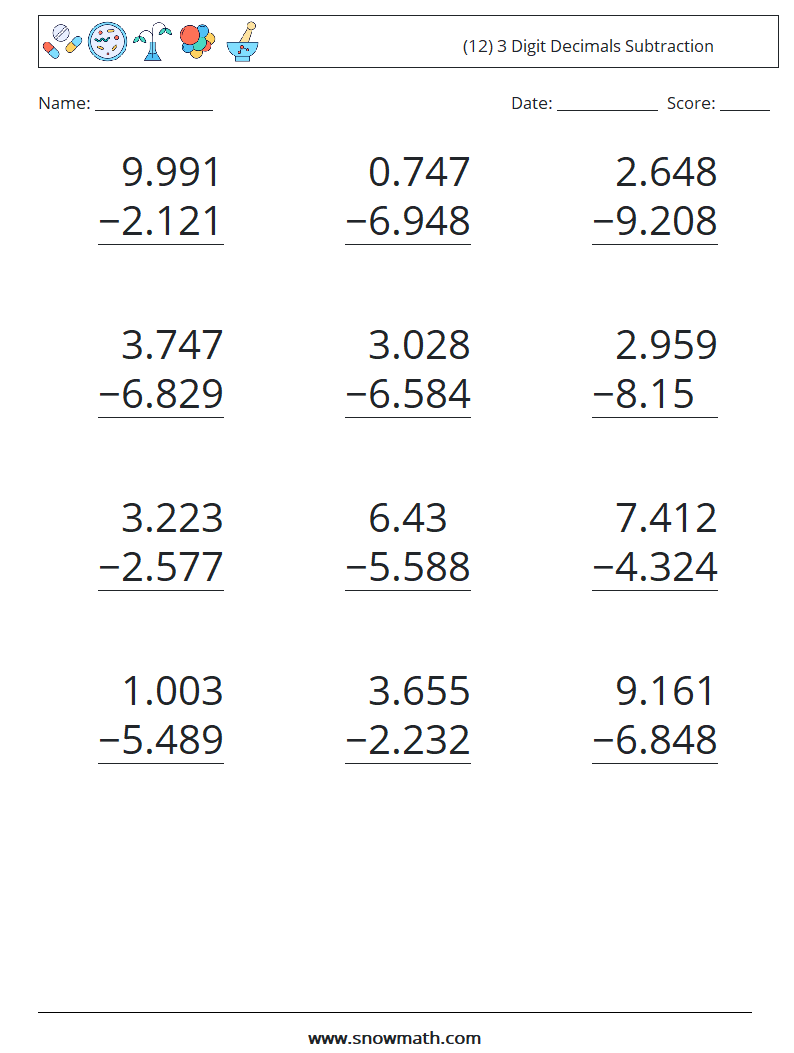 (12) 3 Digit Decimals Subtraction Maths Worksheets 12