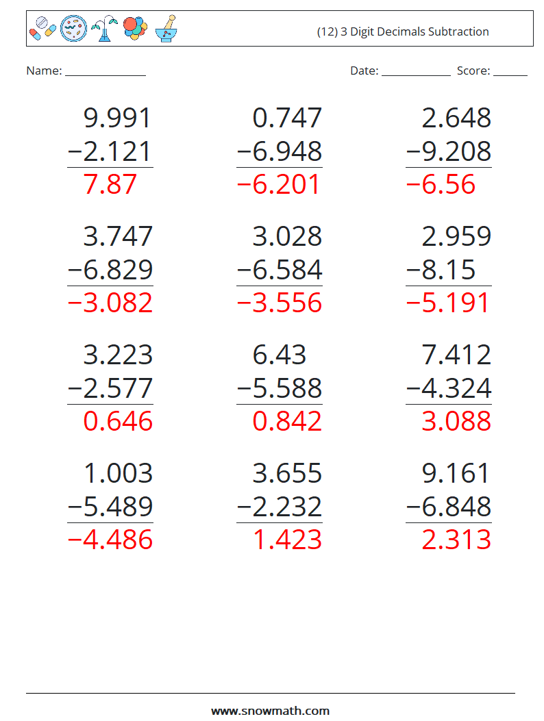 (12) 3 Digit Decimals Subtraction Maths Worksheets 12 Question, Answer