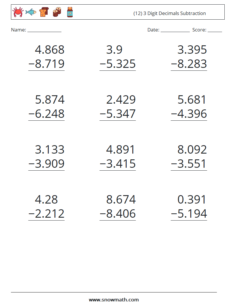 (12) 3 Digit Decimals Subtraction Maths Worksheets 13