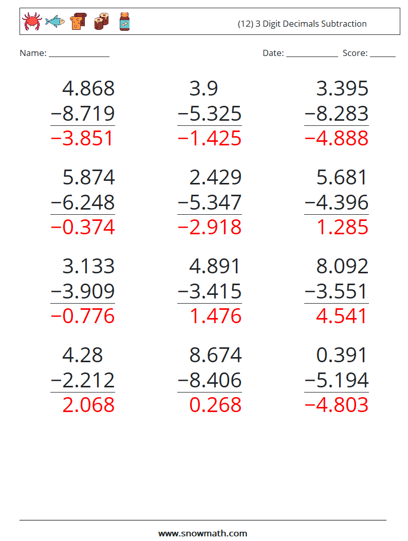 (12) 3 Digit Decimals Subtraction Maths Worksheets 13 Question, Answer