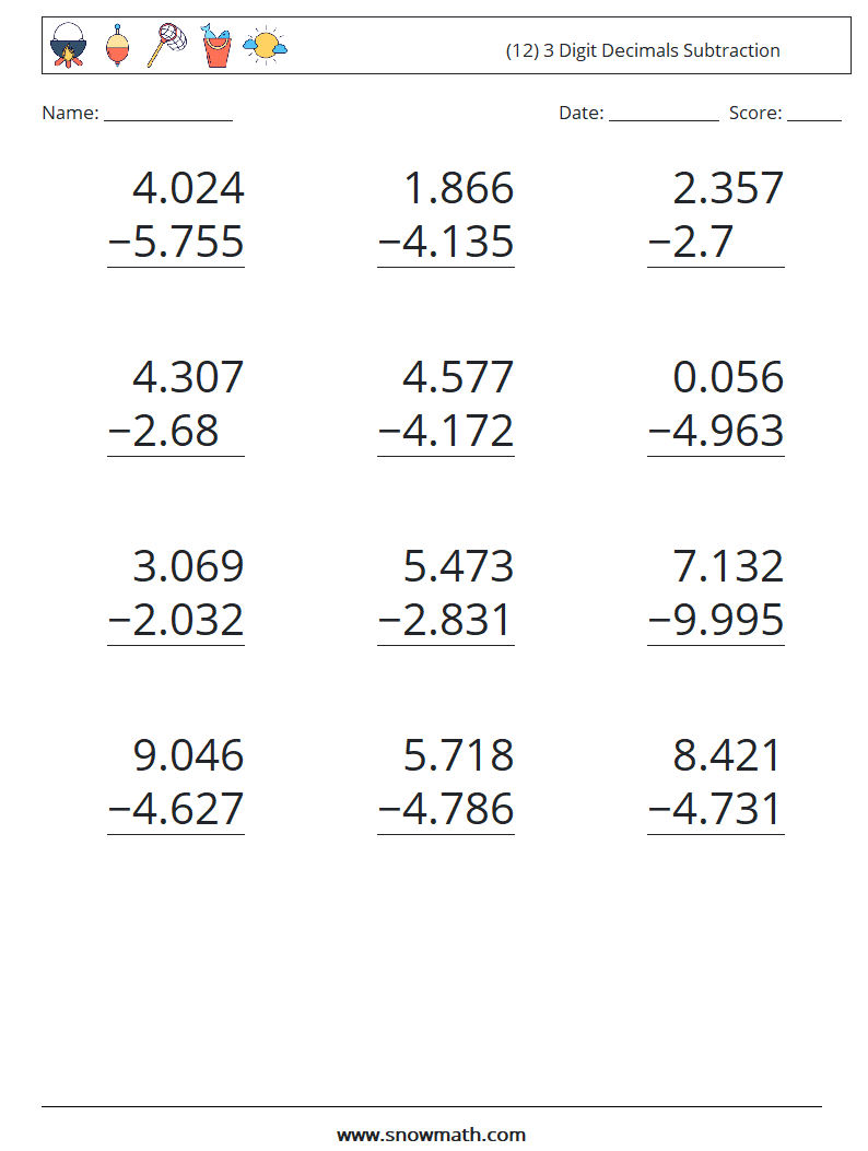 (12) 3 Digit Decimals Subtraction Maths Worksheets 14