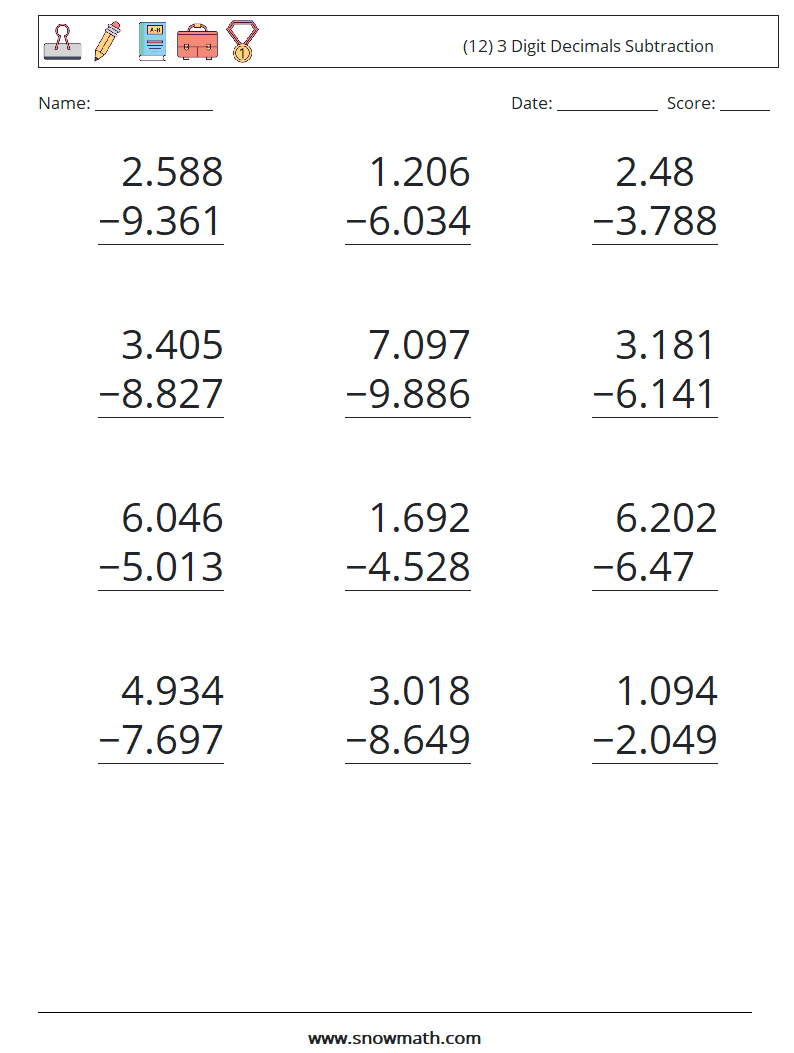 (12) 3 Digit Decimals Subtraction Maths Worksheets 16