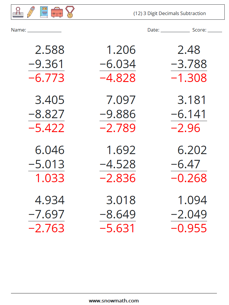(12) 3 Digit Decimals Subtraction Maths Worksheets 16 Question, Answer
