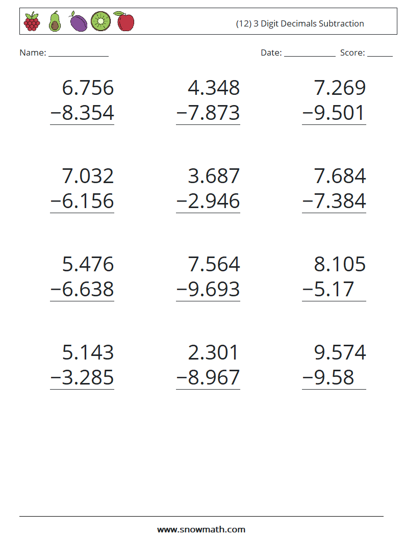 (12) 3 Digit Decimals Subtraction Maths Worksheets 17