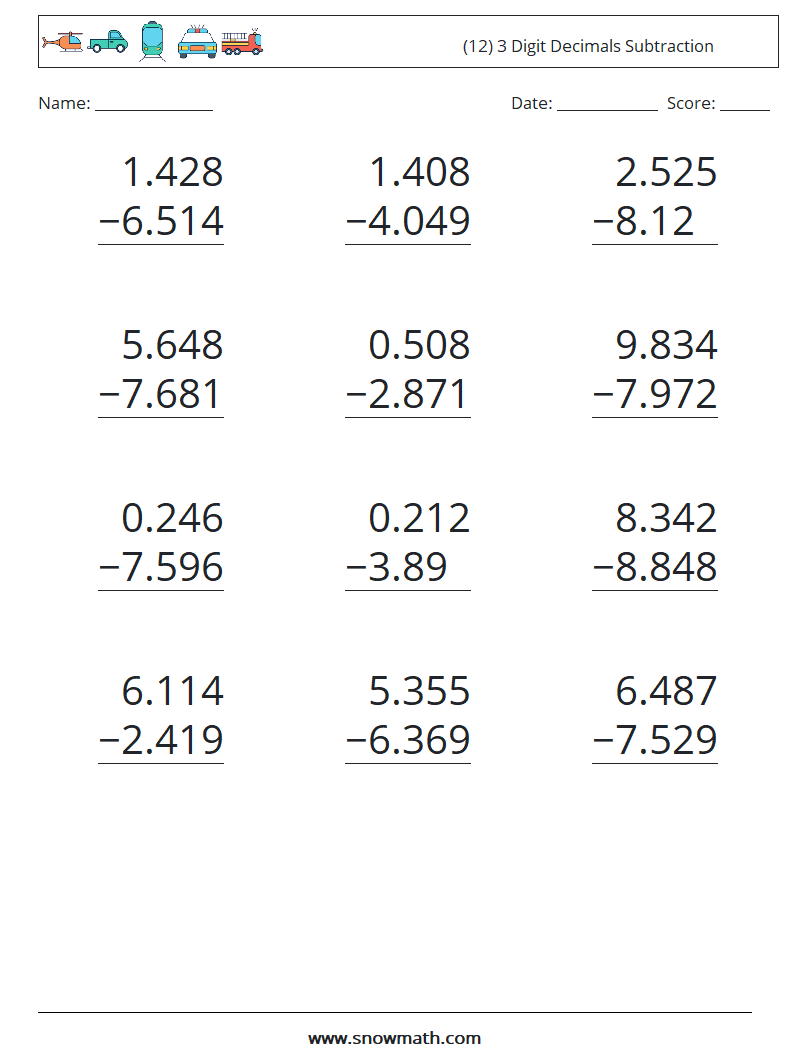 (12) 3 Digit Decimals Subtraction Maths Worksheets 18