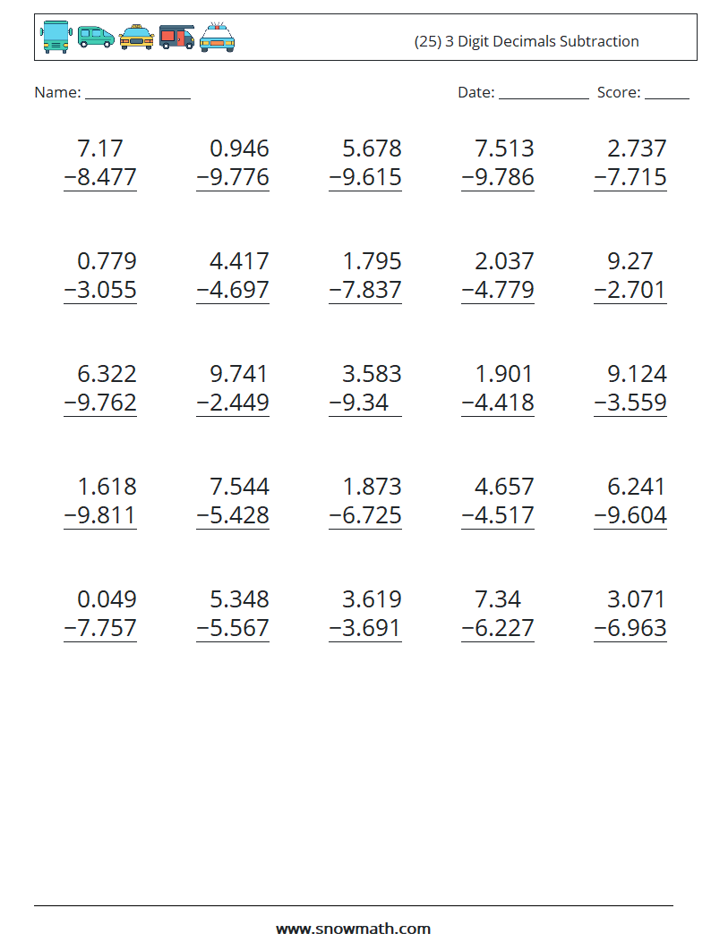 (25) 3 Digit Decimals Subtraction Maths Worksheets 1