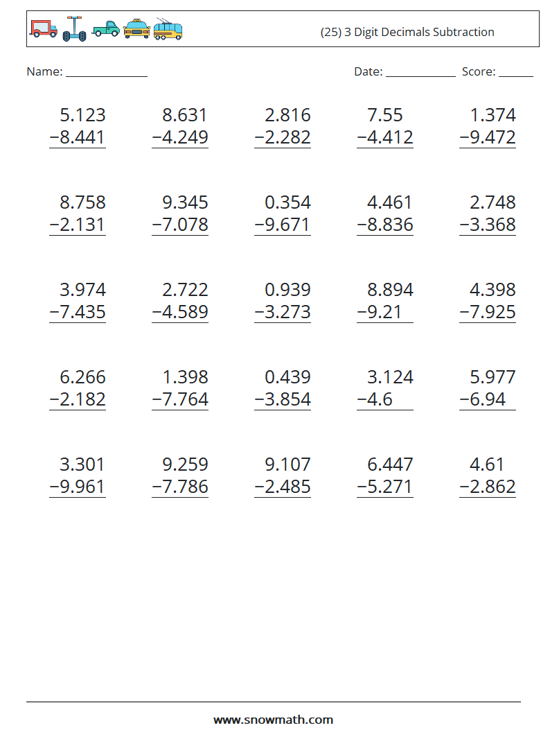 (25) 3 Digit Decimals Subtraction Maths Worksheets 11