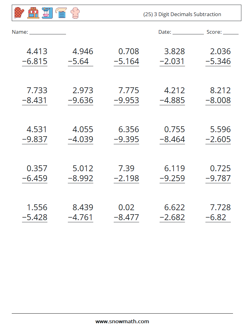(25) 3 Digit Decimals Subtraction Maths Worksheets 12