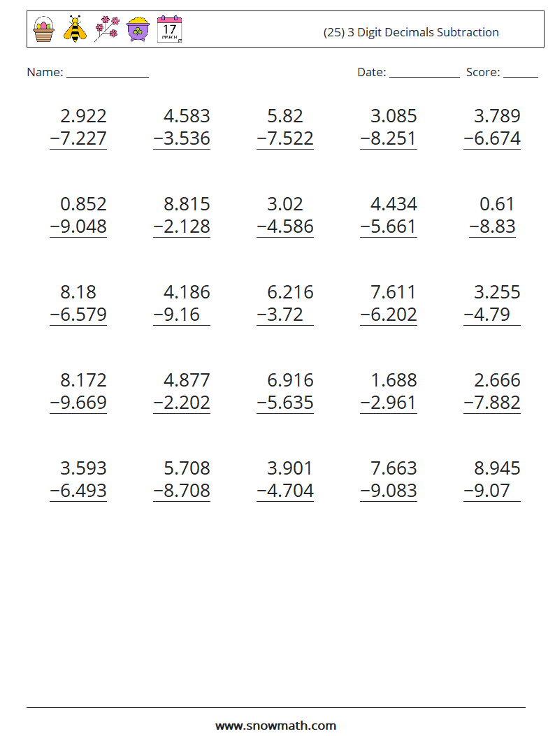 (25) 3 Digit Decimals Subtraction Maths Worksheets 13