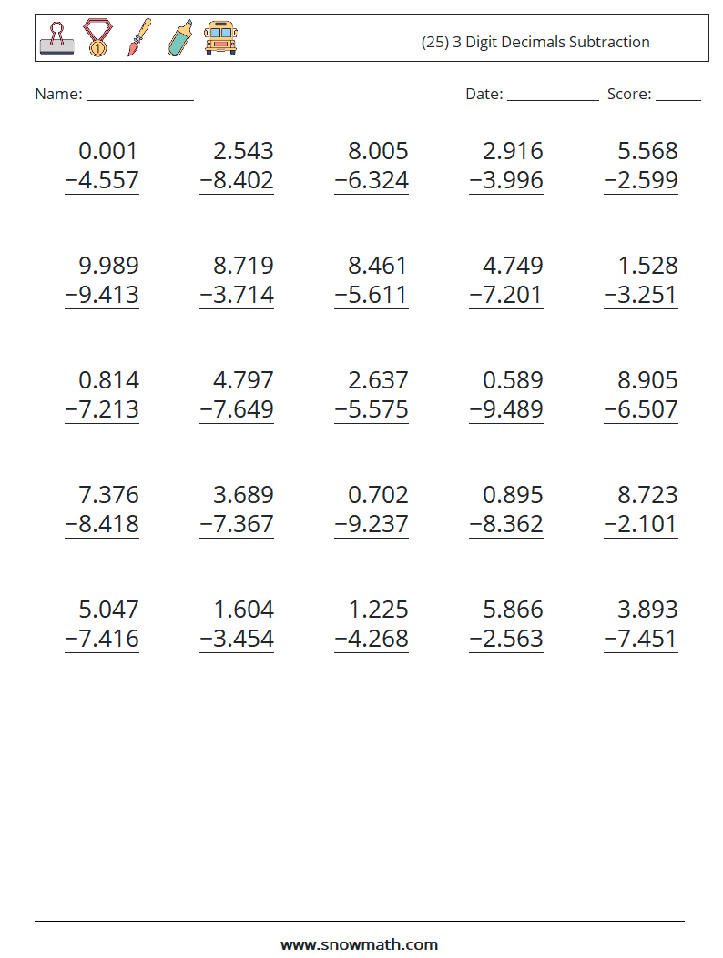 (25) 3 Digit Decimals Subtraction Maths Worksheets 14