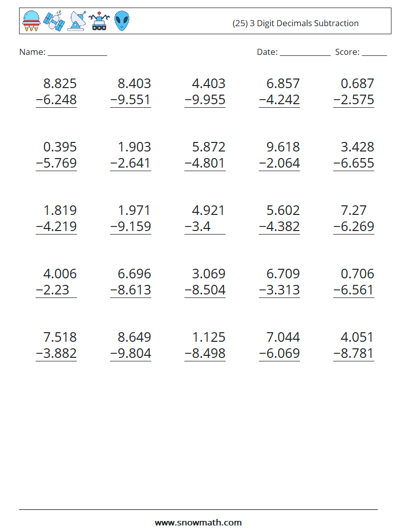 (25) 3 Digit Decimals Subtraction Maths Worksheets 15