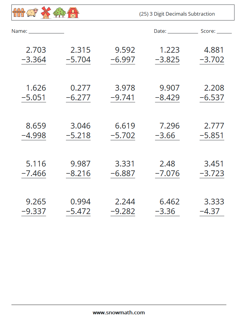 (25) 3 Digit Decimals Subtraction Maths Worksheets 18