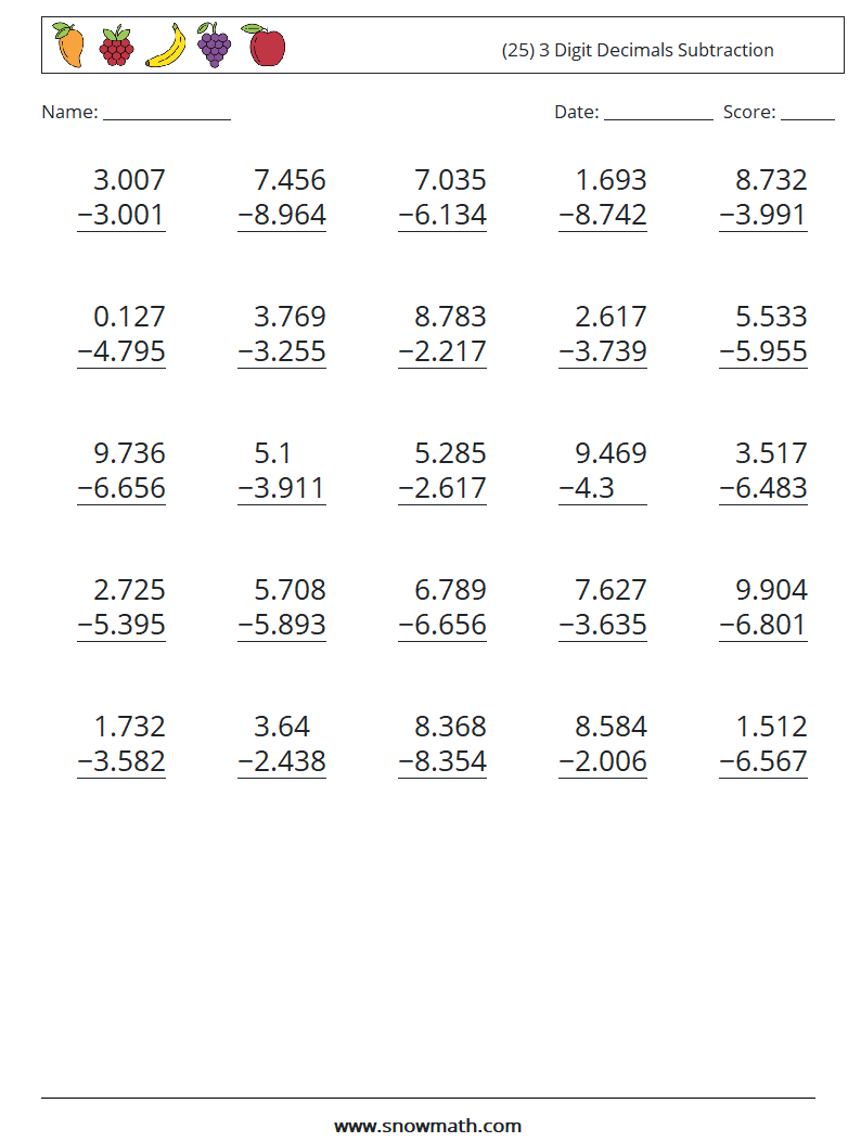(25) 3 Digit Decimals Subtraction Maths Worksheets 2