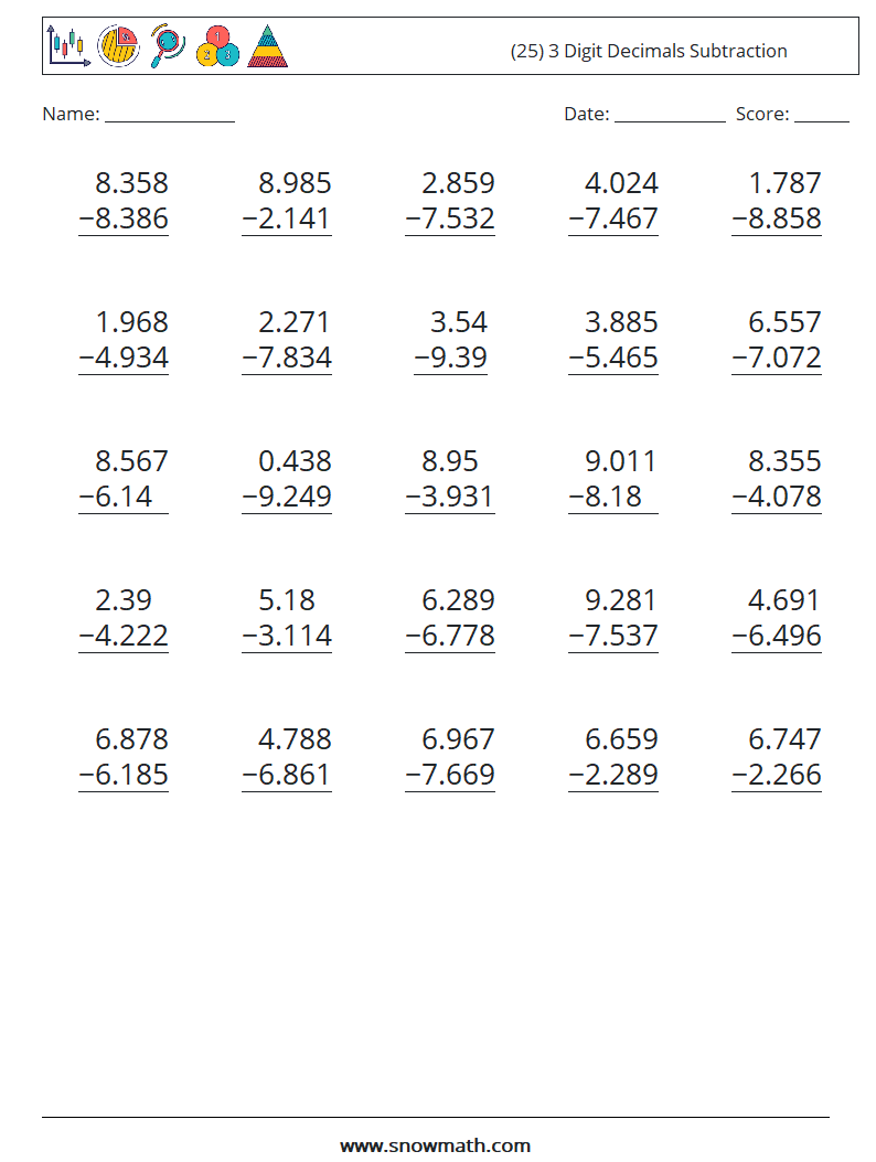 (25) 3 Digit Decimals Subtraction Maths Worksheets 4