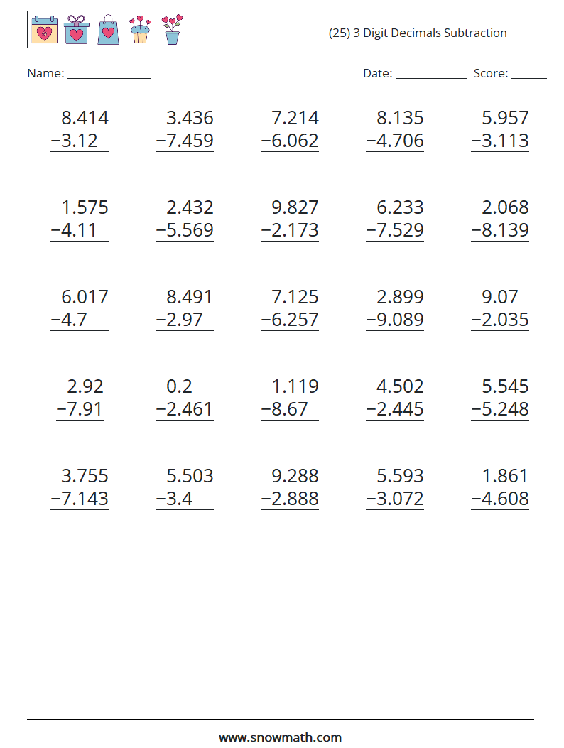 (25) 3 Digit Decimals Subtraction Maths Worksheets 5