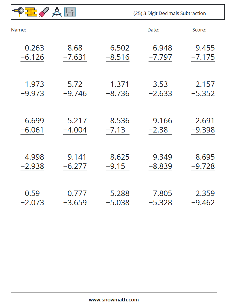 (25) 3 Digit Decimals Subtraction Maths Worksheets 6