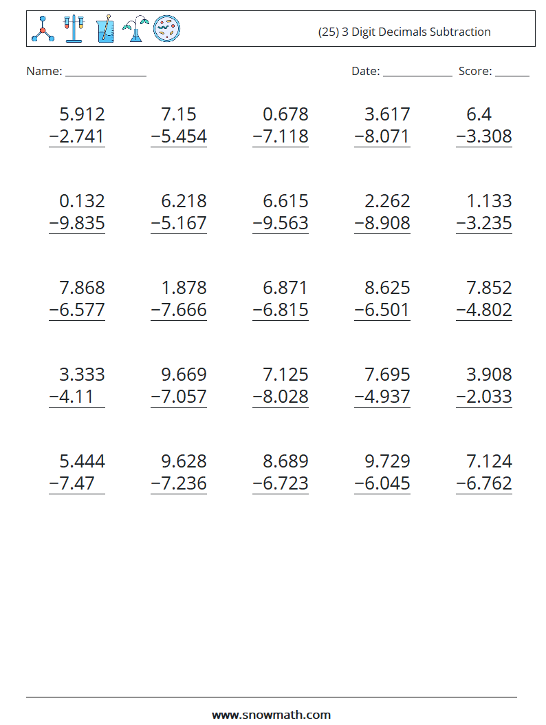 (25) 3 Digit Decimals Subtraction Maths Worksheets 8