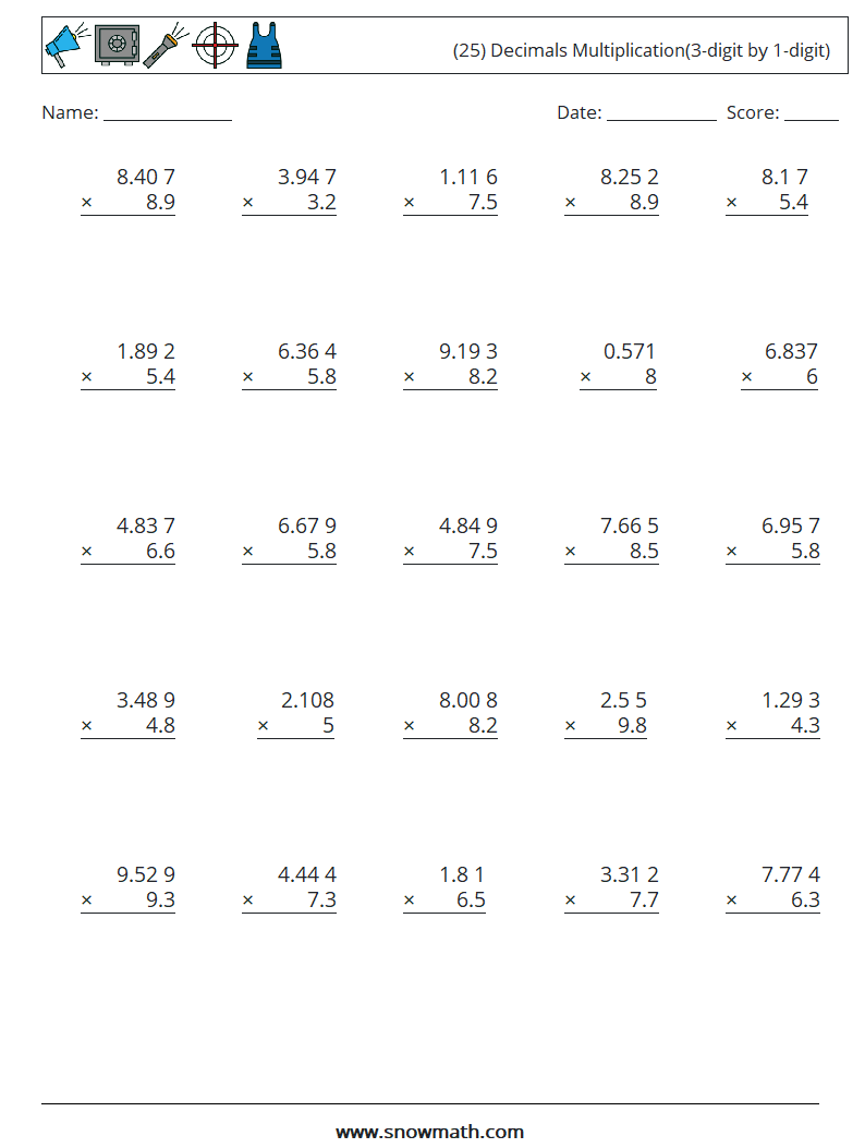 (25) Decimals Multiplication(3-digit by 1-digit) Maths Worksheets 1