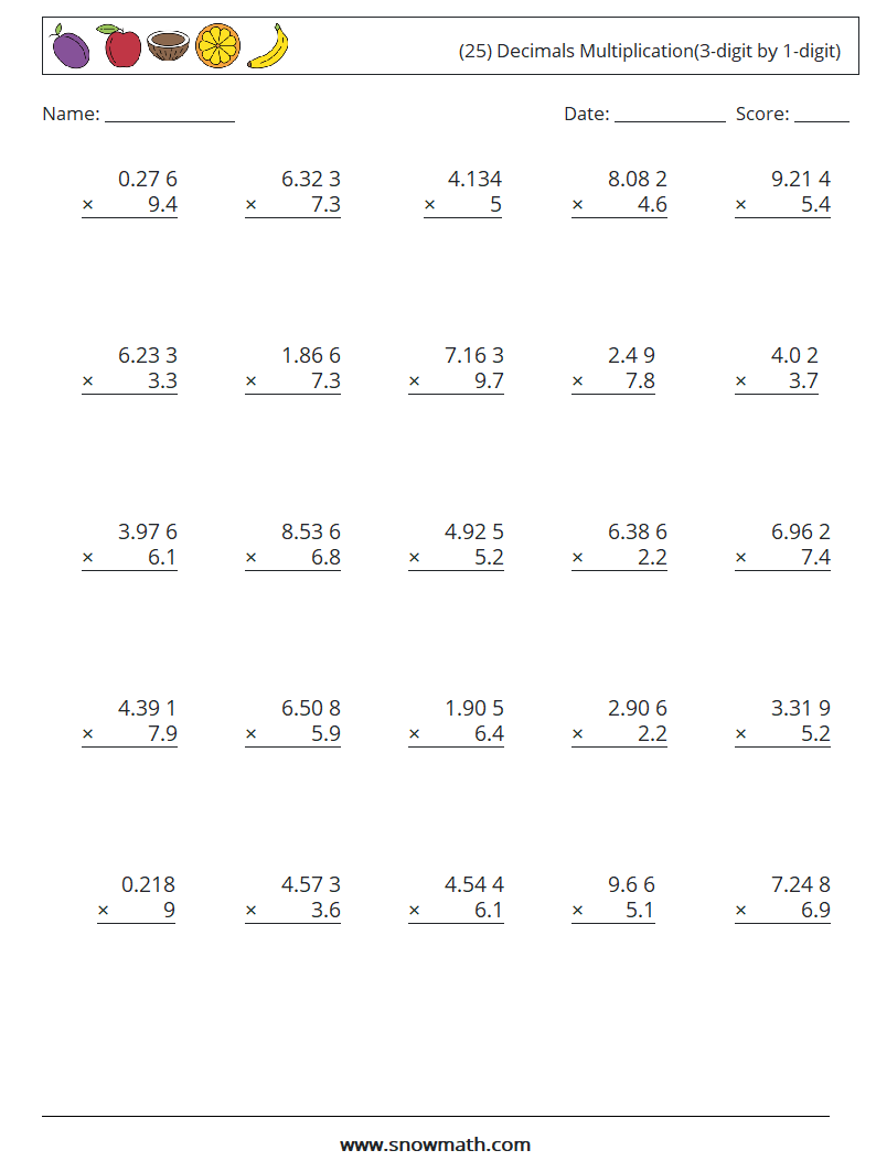 (25) Decimals Multiplication(3-digit by 1-digit) Maths Worksheets 11