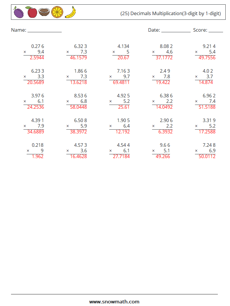 (25) Decimals Multiplication(3-digit by 1-digit) Maths Worksheets 11 Question, Answer