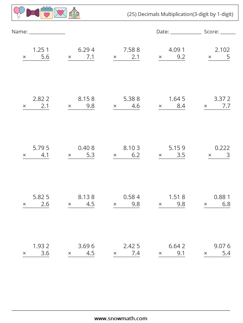 (25) Decimals Multiplication(3-digit by 1-digit) Maths Worksheets 12